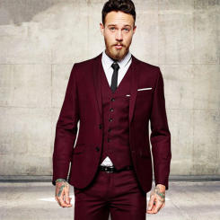 Men's Fashion Wine Red Burgundy Men Suits Slim Fit Formal Tailor Made Groom Prom Tuxedo 3 Piece Male Blazer Jacket+Pant+Vest