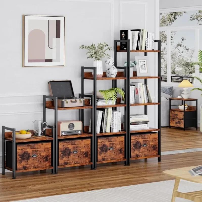 Description Picture 6 of item4 Tier Bookshelf with Drawer, Small Narrow Bookcase with Shelves, Wood and Metal Standing Shelf Unit, Industrial Display Shelves