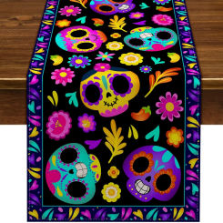 Halloween Mexican Fiesta Sugar Skull Linen Table Runners Dining Room Decor Washable Dining Home Table Runners Party Supplies