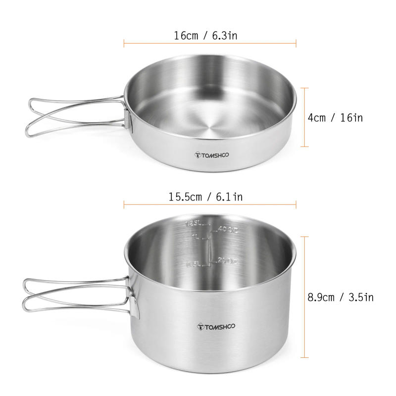 Description Picture 5 of itemTomshoo 2pcs Camping Cookware Set Stainless Steel Pot Pan Cooking Set with Foldable Handles Mesh Carry Bag Camping Kitchenware