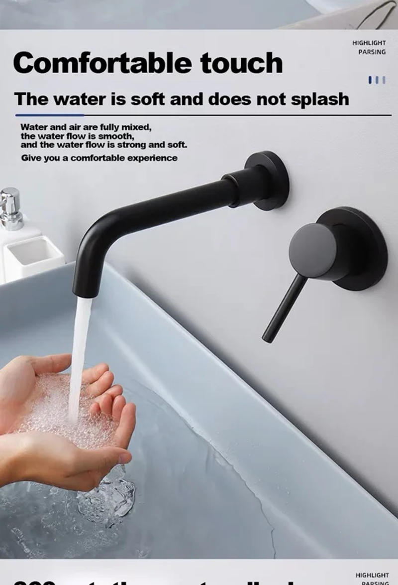 Description Picture 5 of itemSingle handle cold and hot dual-control basin Tap Modern wall-mounted black brass bathroom faucet with concealed design 2-hole