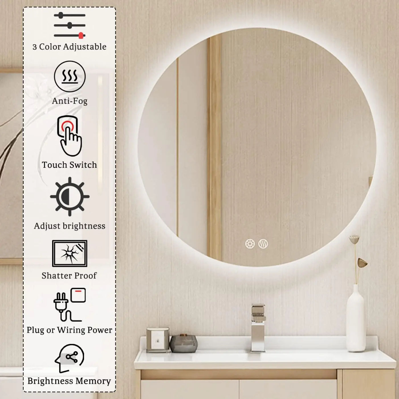 Description Picture 3 of item32 Inch Round LED Bathroom Mirror Backlit Anti-Fog Wall Mounted Lighted Bathroom Vanity Mirror 3 Colors Light Dimmable