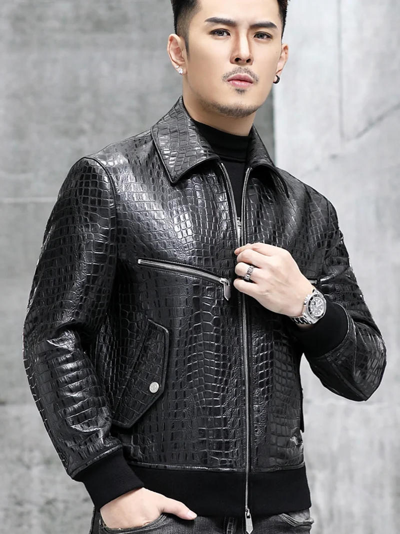 Description Picture 4 of itemFashion Spring Men Crocodile Pattern Sheepskin Genuine Leather Jacket Slim Fit Motorcycle Biker Coat Male Casual Bomber Jacket