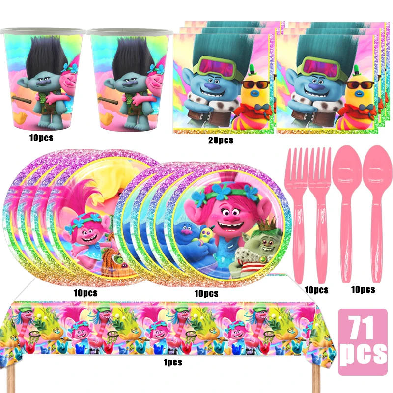 Description Picture 3 of itemTrolls Theme Birthday Party Supplie Set Disposable Tableware Cup Plate Tablecloth Gift Bag Baby Shower Kid Girl Party Decoration