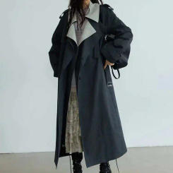 [EAM] Women Gray Color-block Big Size Long Trench New Lapel Long Sleeve Windbreaker Fashion Tide Spring Autumn 2025 1DH7076