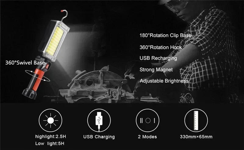 Description Picture 2 of item1/2/4PCS Work Light Portable Lamp Hook Magnet Camping Lamp High Low COB USB Rechargeable 18650 Flashlight Torch Work Waterproof