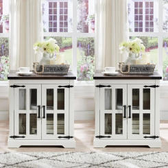 Farmhouse End Table with Charging Station,24" Large Side Table with Glass Barn Door,for Living Room, Bedroom,2 Pack,Nightstands
