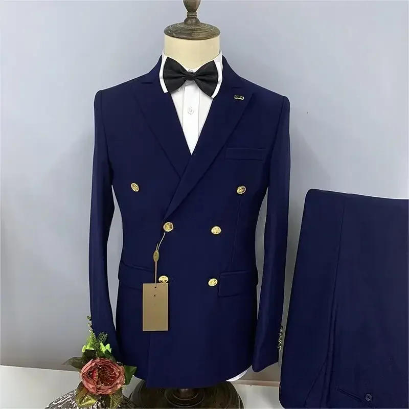 Description Picture 3 of item2024 Formal Business 2 Pieces Mens Suit Brown Tuxedos Double-breasted  Metal Jacket for Wedding Groom(Blazer+Pants)
