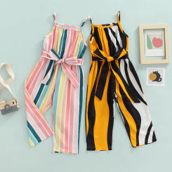 Fashionable Little Girl Jumpsuit, Spaghetti Square Neck Sleeveless Stripe Pattern Bow Knot Waist Belt Loose Long Pants 1-6T