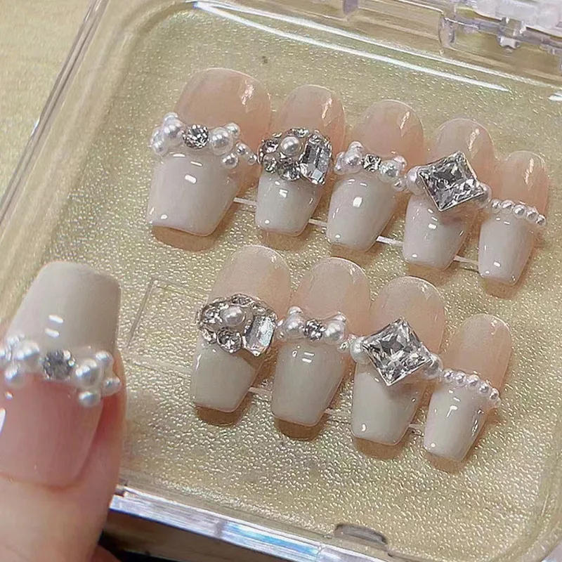Description Picture 3 of item10Pcs Short Handmade Press-on Nails Diamond Gold Powder Edging Nail Tips Wearable Cat Eye Design Fake Nail for Women&girls Wear
