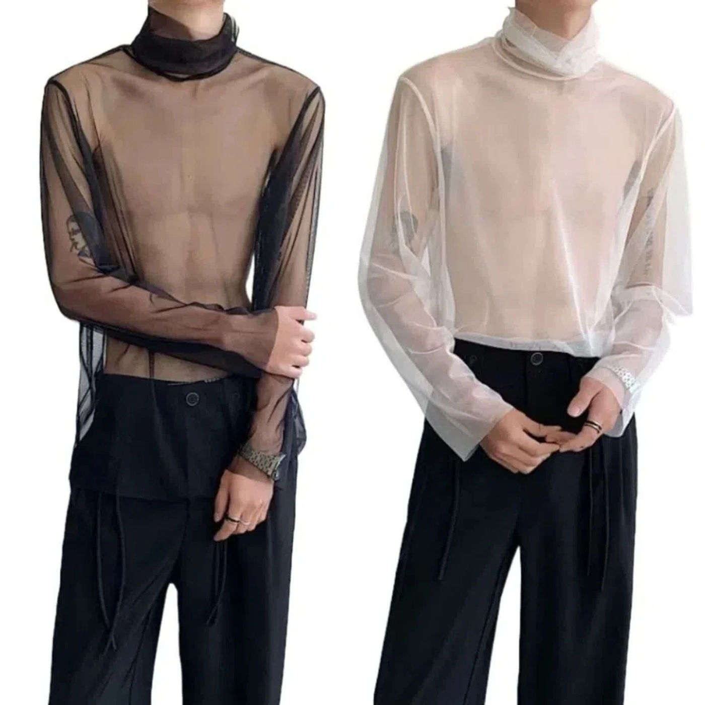 Description Picture 3 of itemChic See-through Transparent T-shirt Streetwear Solid Color Long Sleeve T-shirt Undershirt High Collar Mesh Top Men Home