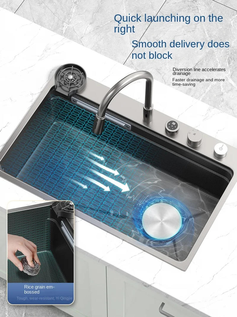 Description Picture 5 of itemWaterfall Kitchen Sink Multifunction Digital Display Large Single Slot 304 Stainless Steel Bowl Senior Waterfall Faucet