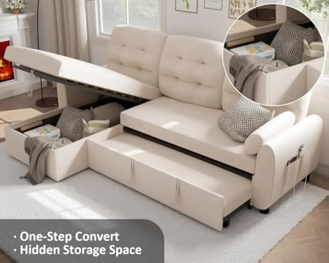 Description Picture 6 of itemSectional Sofa 87" Sleeper Sofa Bed with Reversible Storage Pull Out Couch for Living Room Side Pocket Linen Fabric Beige