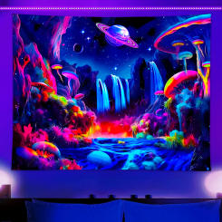 1pc Galaxy starry sky tapestry, bedroom UV responsive mushroom forest tapestry, planet landscape dormitory decoration poster