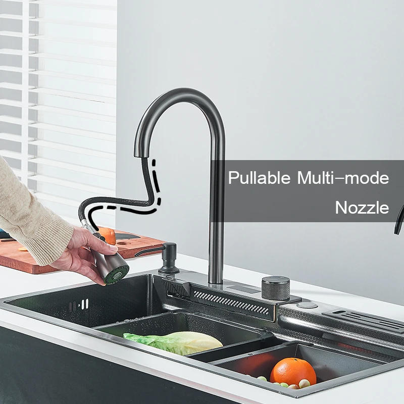 Description Picture 5 of item304 Stainless Steel Waterfall Kitchen Sink Large Single Slot Integrated Digital Display Faucet Set Soap Dispenser knife Board