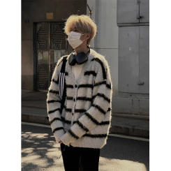 2023 Autumn Winter Men's V-neck American Style Vintage Striped Color Blocking Cardigan Sweater Couple Versatile Top Trendy