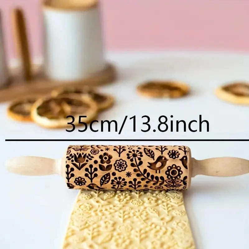 Description Picture 2 of itemFlower Print Christmas Rolling Pin Bird Print Pattern Rolling Pin Wooden Thanksgiving Pastry Tools Deep Engraving Cookies Tool