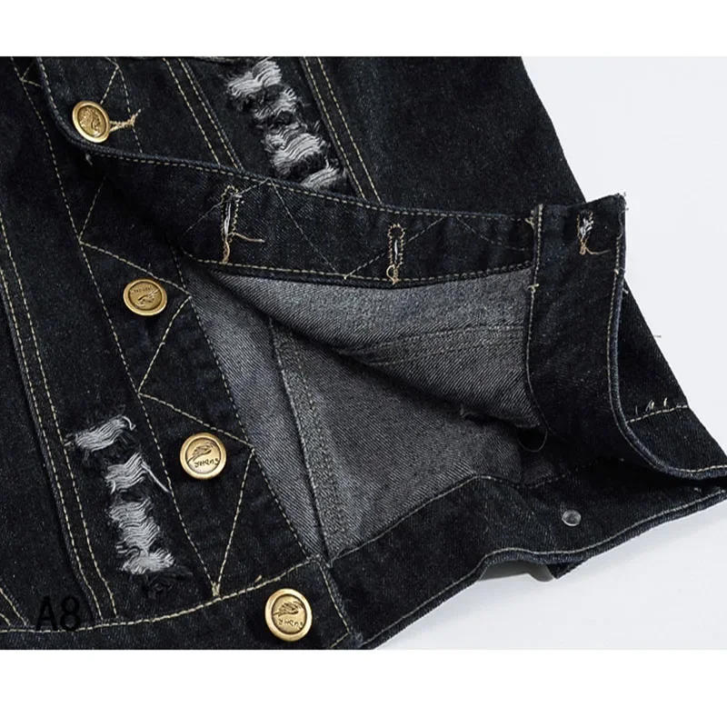 Description Picture 6 of itemNew Men's Denim Vest Male Black Color Slim Fit Sleeveless Jackets Men Hole Jeans Brand Waistcoat Plus Size 6XL Multiple styles