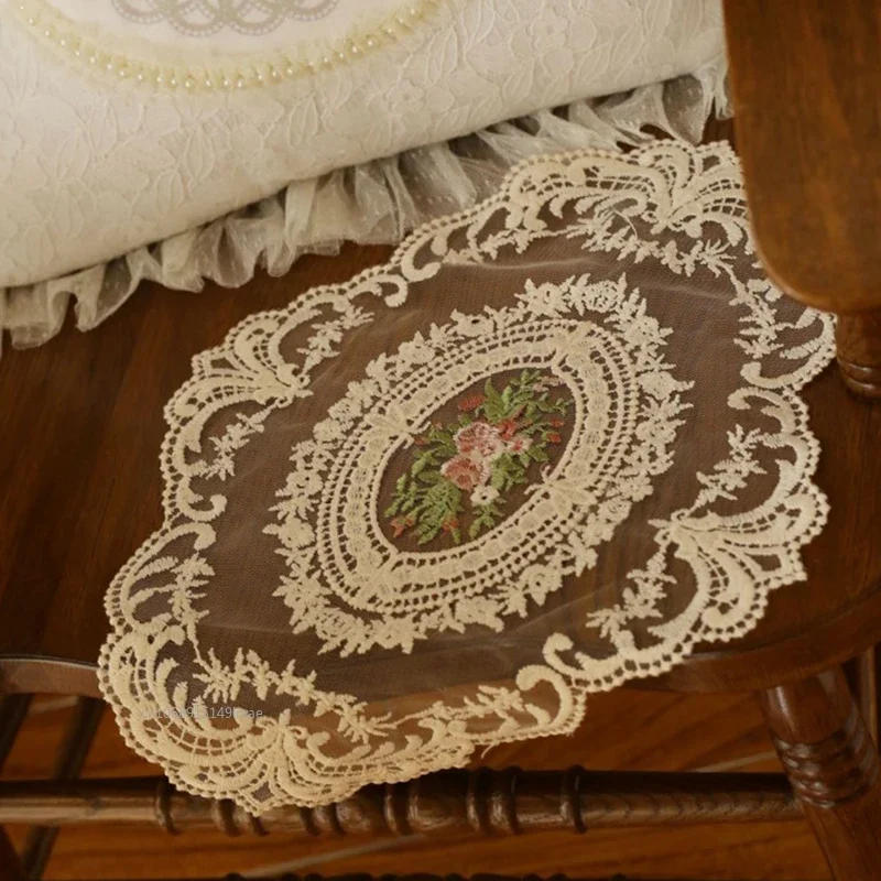Description Picture 4 of item1PC European Oval Lace Embroidery Placemat Bedroom Study Kitchen Cup Table Mat Food Fruit Plate Cover Cloth Decoration