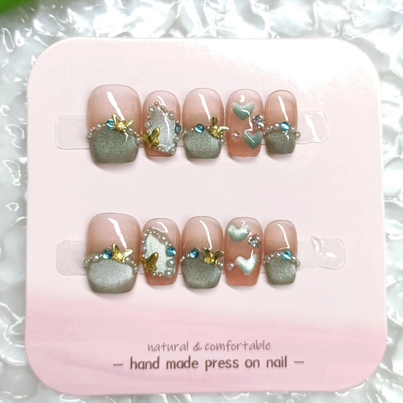 Description Picture 4 of item10Pcs Short Ballerina Handmade Press on Nails French Cat Eye Fake Nails Wearable Stick-on Nails Full Cover False Nail Uñas 네일팁