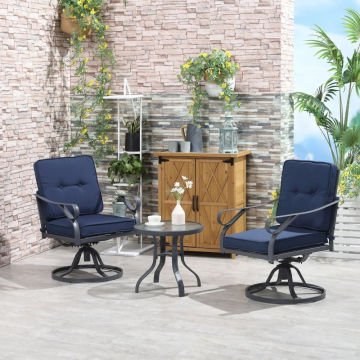 3 Pieces Outdoor Bistro Set, 2 Swivel Rocker Chairs and 1 Round Tempered Glass Table with Cushion,Porch and Garden Furniture,