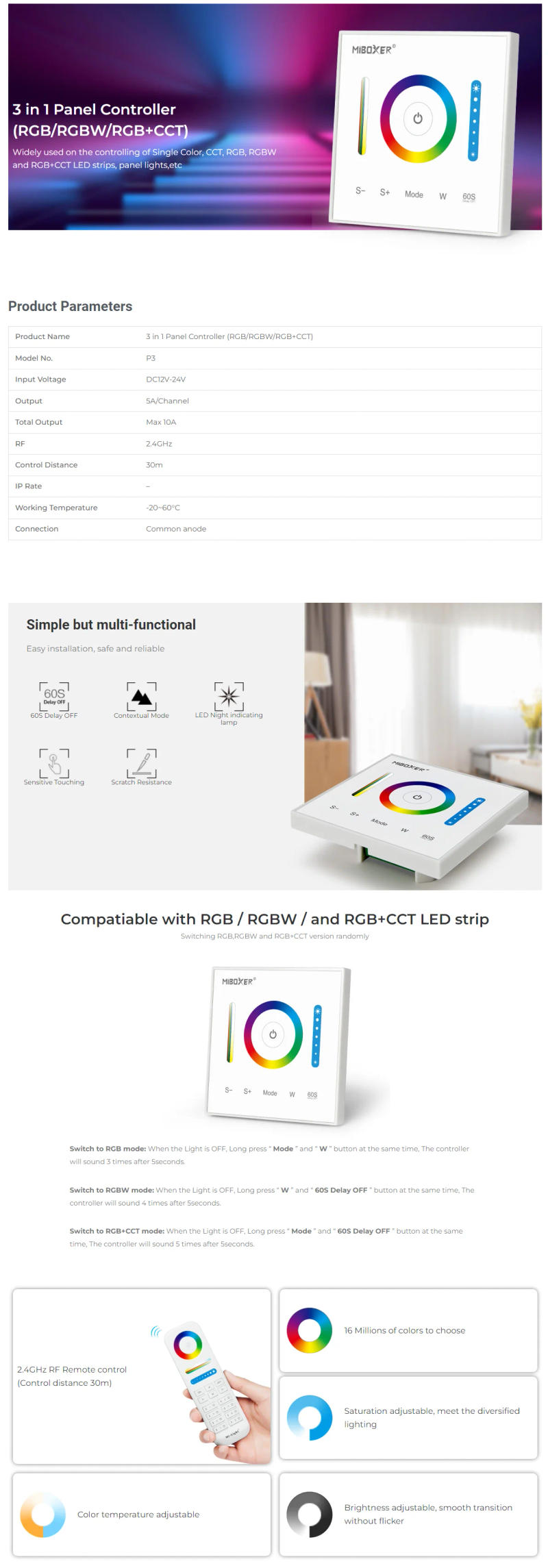 Description Picture 2 of itemMiBoxer P3 DC12-24V 2.4GHz 86Touch RGB/RGBW/RGB+CCT Switch Panel Dimmer Adjust Brightness Led Controller for Led Strips/FCOB