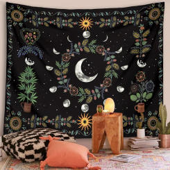 Moon phase Floral Tapestry Wall Hanging Celestial Flower sun moon Starry black bohemia mandala Wall Carpets Dorm home Decor