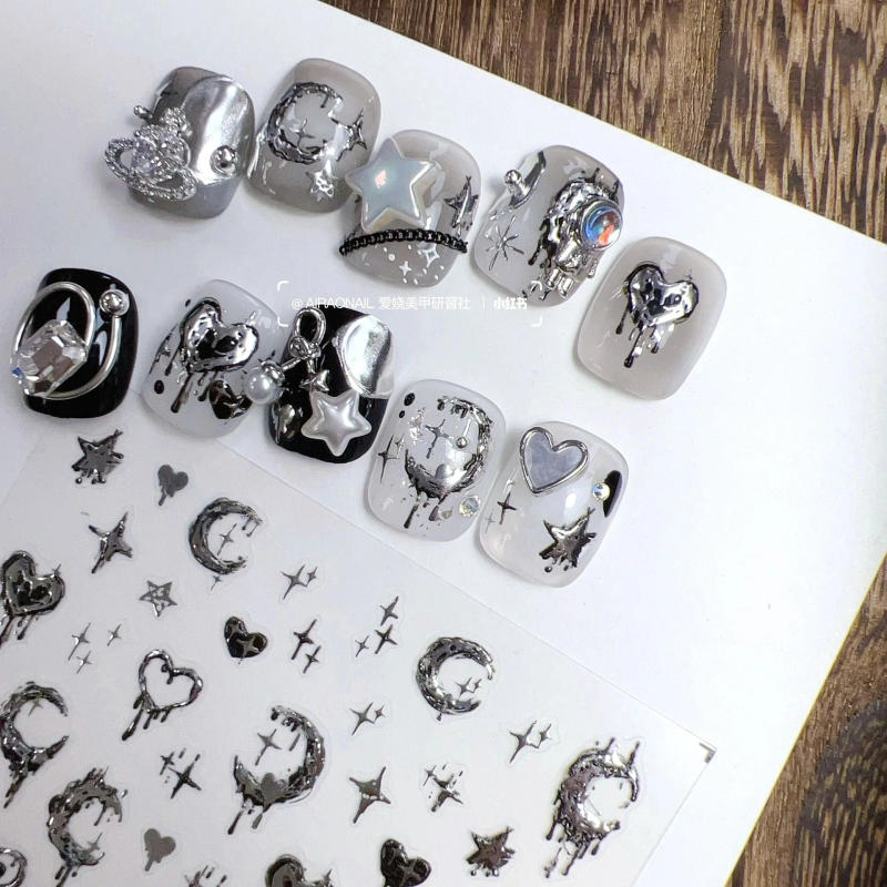 Description Picture 4 of item5D Realistic Relief Stamp Silver Melted Heart Moon Stars Balloon Angel Love Adhesive Nail Art Stickers Decals Manicure Charms