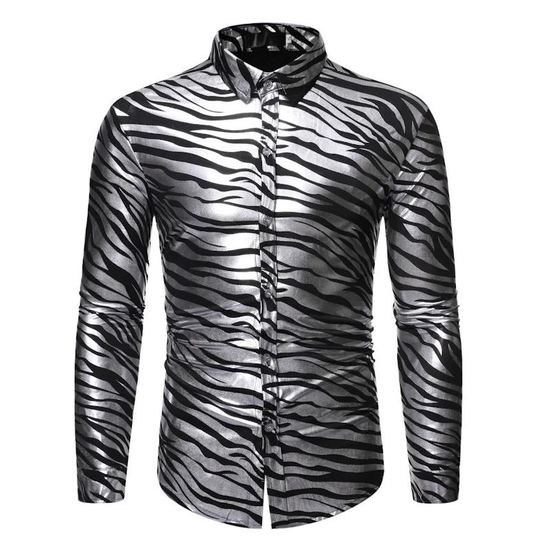 Description Picture 5 of itemNew 2024 Men's Metallic Gold Zebra Print Disco Shirt with Long Sleeve Slim Fit Men Dress Shirts Party Prom Stage Chemise Shirts