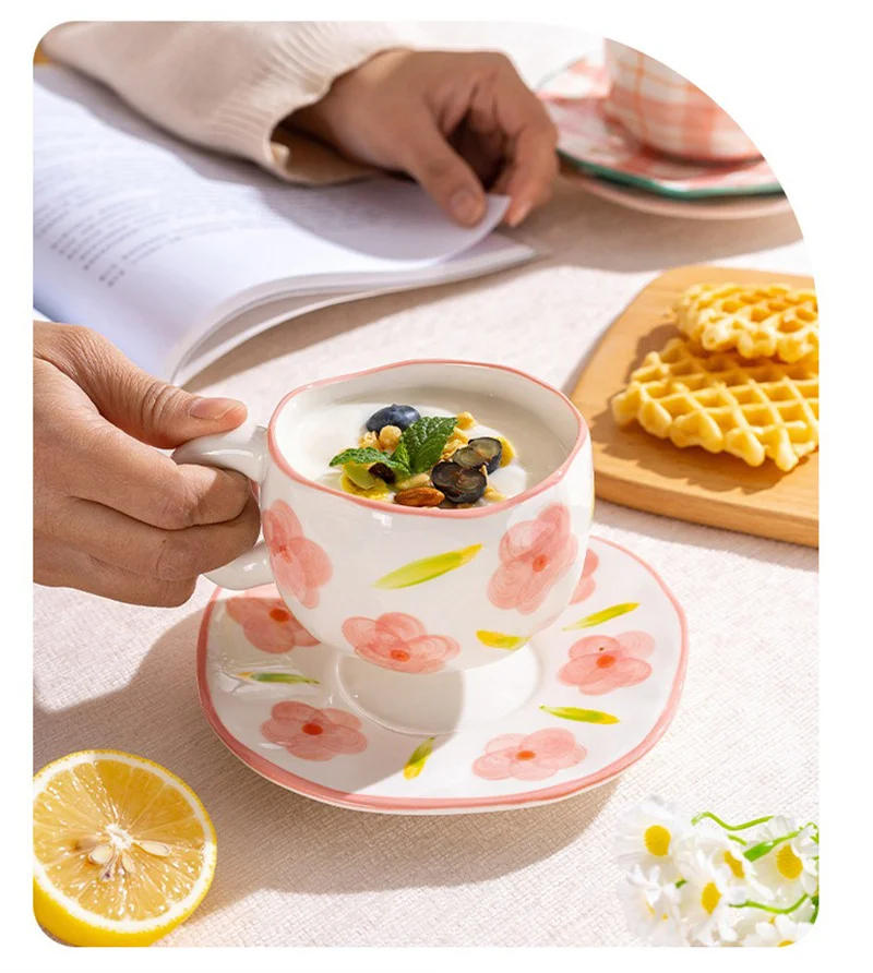 Description Picture 3 of item300ML Cute Hand Pinched Irregular Ceramic mug Flower Heart Pattern Coffee Cup Breakfast Milk tea cups Gift For Kids Girls