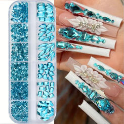 1100Pcs+ Lake Blue Crystal Nail Rhinestones 12grid Mixed Shape Flat Back Nail Diamond GemStones Luxury Glass Jewelry Decorations