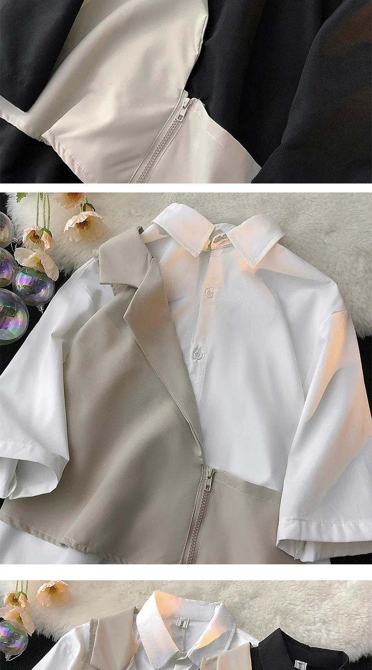 Description Picture 4 of itemSummer Men Contrast Color Shirt Dress Patchwork Oversize Plus Size Formal Short Sleeve Designer High Quality Blouse Z13