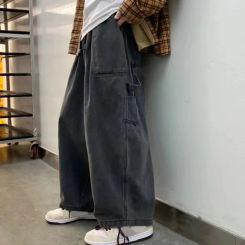 Mens Pants 1 Pc Black Casual Cotton Blend Japanese Harajuku Loose Wide Leg Cargo Pants Multi-pocket Jeans Comfy