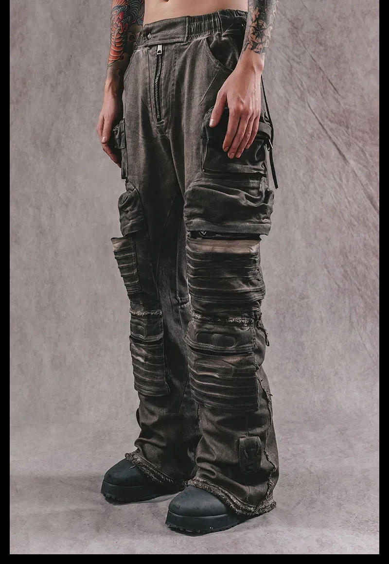 Description Picture 4 of itemHeavy Industry Stereoscopic Patch Bag Layered Distressed Washed Technology Wide Legs Big Horn Cargo Pants for Men