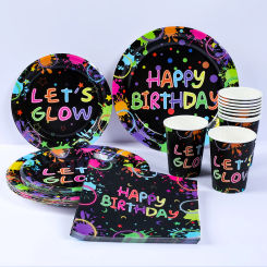 Neon Glowing Theme Party Disposable Tableware Tablecloth Happy Birthday Party Decoration Kids Boy Girl Paper Plates Cups Napkin