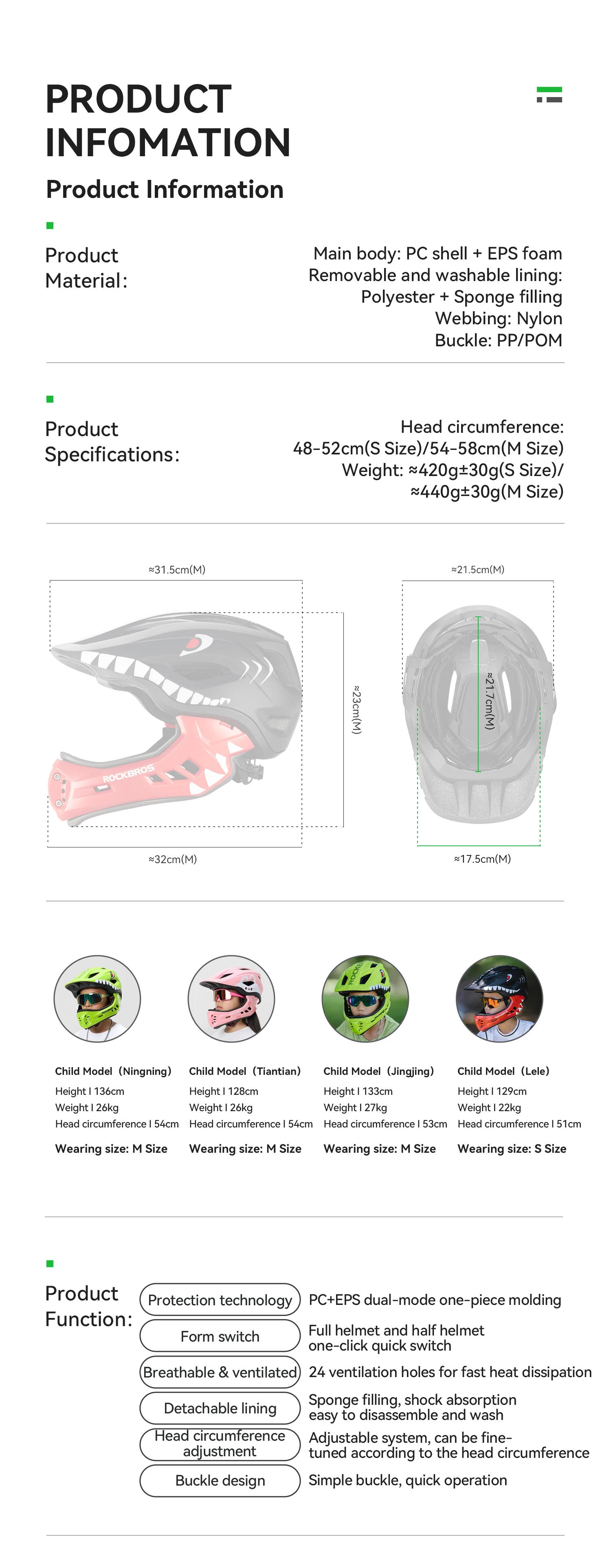 Description Picture 4 of itemROCKBROS Child Cycling Helmets Detachable Full Face Helmet Lightweight Adjustable Bicycle Scooter Helmet Safety Breathable