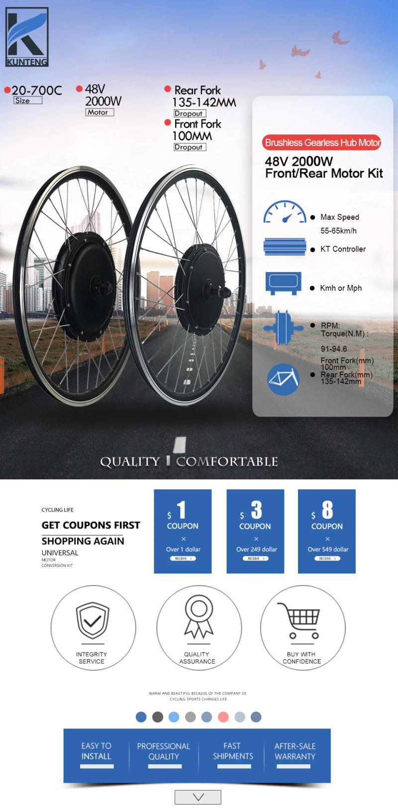 Description Picture 5 of itemElectric Bicycle 48V 2000W Front Rear Gearless Hub Motor Wheel With KT LCD Display 48V 50A Controller For Ebike Conversion Kit