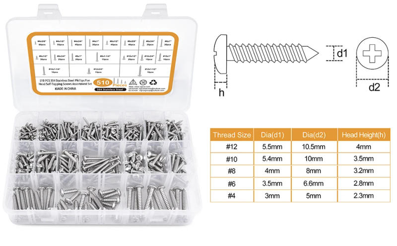 Description Picture 3 of item510 PCS Stainless Steel Screw Assortment Set, 4#6#8#10#12 Phillips Pan Head Metal Screws Self-Tapping Screw Set, 3/8"to1-1/2“