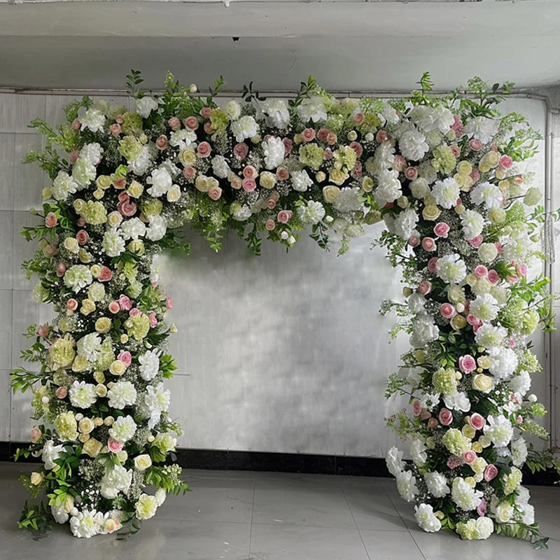 Description Picture 4 of itemWhite Pink Rose Hydrangea Green Leaf Arrangement Floral Outdoor Wedding Backdrop Flower Arch Frame Decor Event Party stage Props