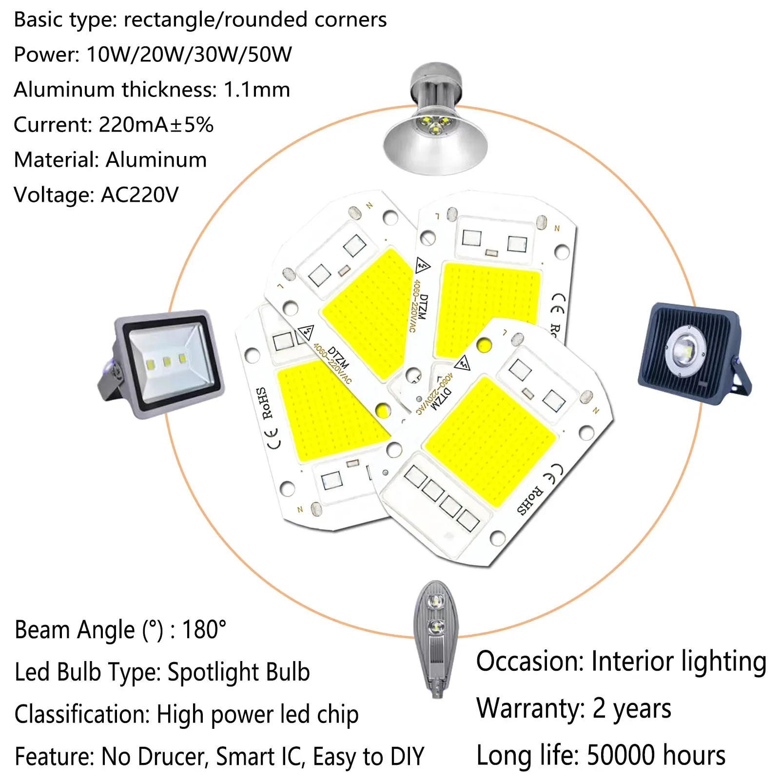 Description Picture 3 of itemLED  Lamp Bead  AC220V 10W 20W 30W 50W  Smart IC No Need Driver DIY Flood Light LED Bulb Spotlight Outdoor Lamp