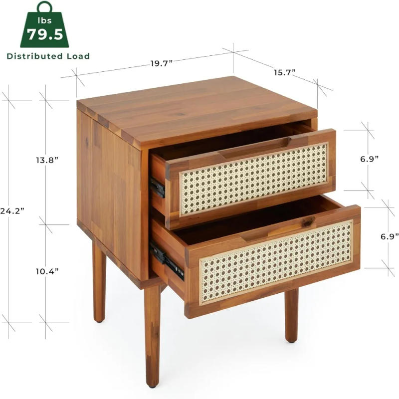 Description Picture 3 of itemBed Table 2-Drawer Bedside Tables Oliver Solid Wood Rattan Nightstand/Side End Table Fully Assembled Furniture Sofa Bedroom Home