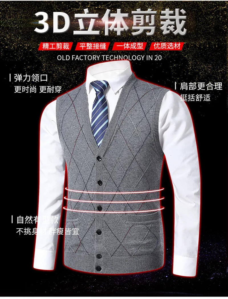 Description Picture 4 of itemMan Single Breasted Sleeveless Sweater Cardigan Striped Men Wool Knit Coat Vest