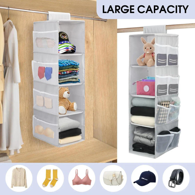 Description Picture 3 of itemSimple Houseware Hanging Closet Organizers Storage Gray Foldable 4 Shelves Closet Hanging Storage Shelves with Mesh Pockets
