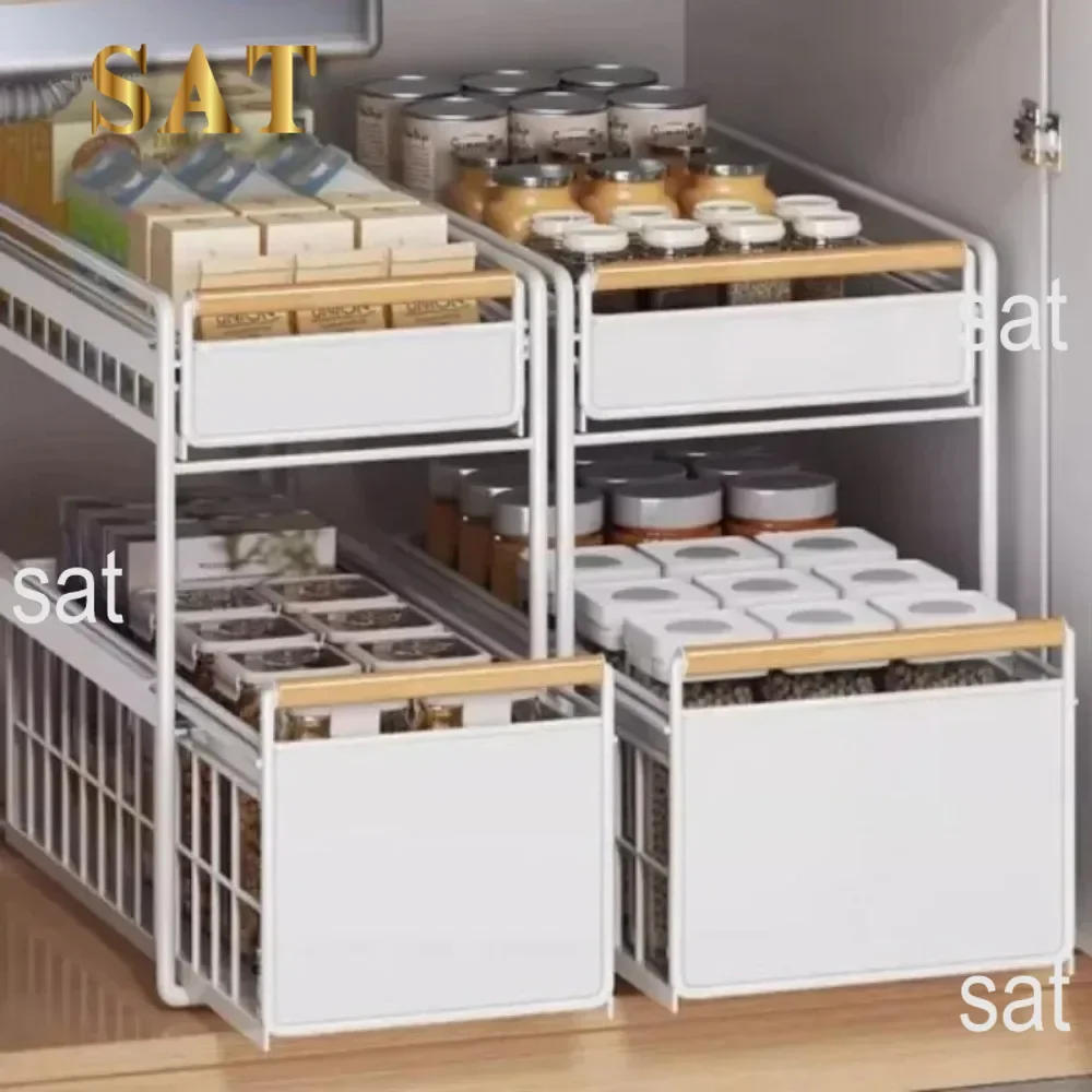 Description Picture 5 of itemUnder Sink Organizer Metal Kitchen Pull-Out Layered Racks 2-Tier Basket Drawer Cabinets For Bathroom Sink Storage Shelf Cabinet