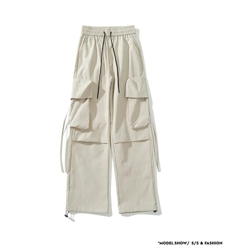Description Picture 4 of itemMen's Loose Straight Multi-pockets Ribbons Cargo Pants Black Gray