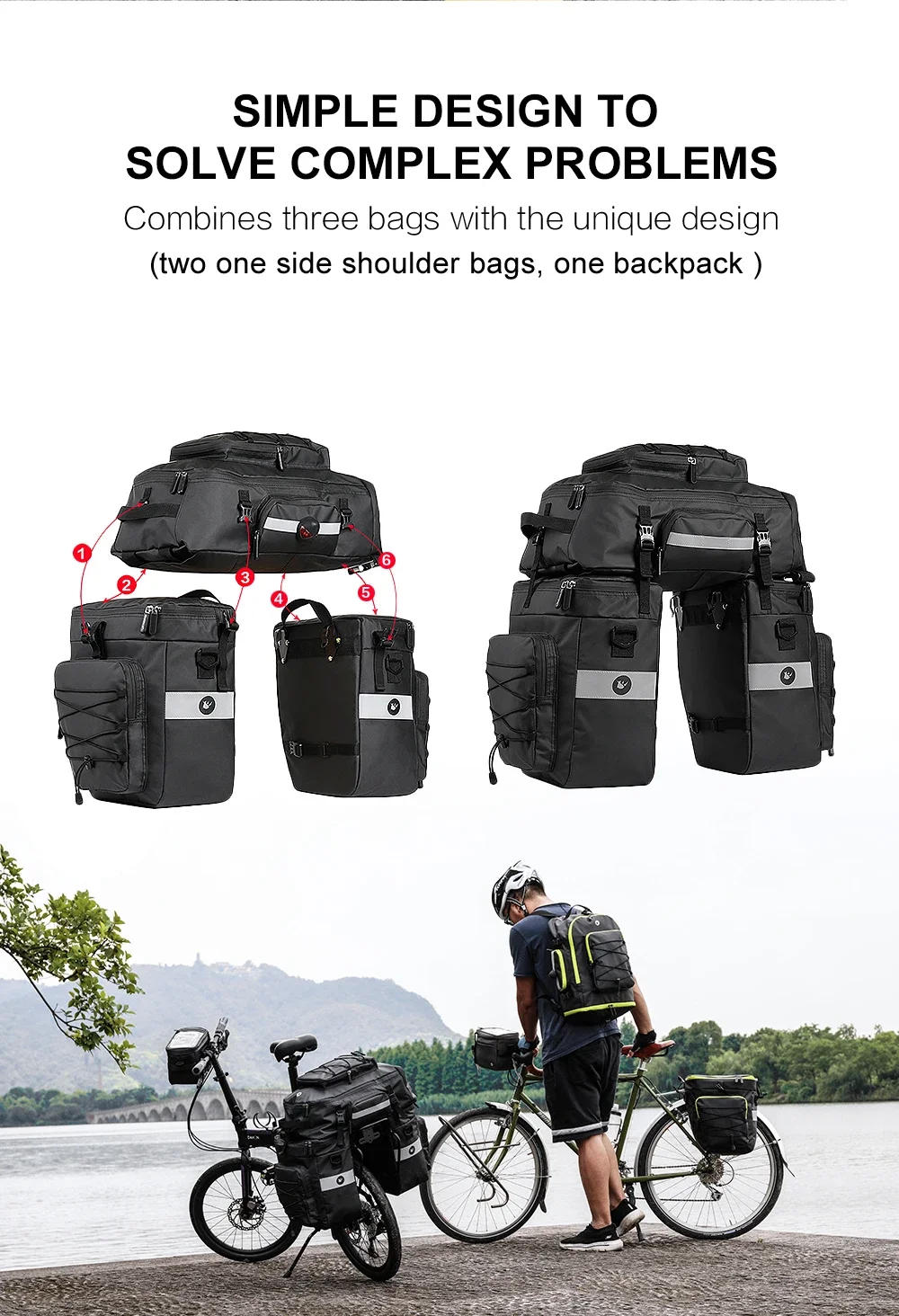 Description Picture 3 of itemRhinowalk Bike Pannier Bag 3 in 1 65L Big Capacity with Rain Cover Cycling Rear Rack Seat Trunk Bag for Mtb&Road Folding Bicycle