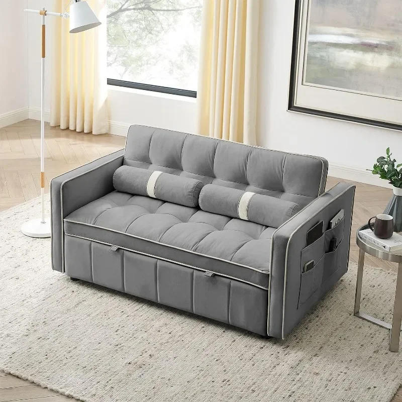 Description Picture 5 of itemZHENXIANG 3 in 1 Sleeper Sofa Couch Bed, Small Tufted Velvet Convertible Loveseat Futon Sofa w/Pullout Bed, Adjustable Backrest