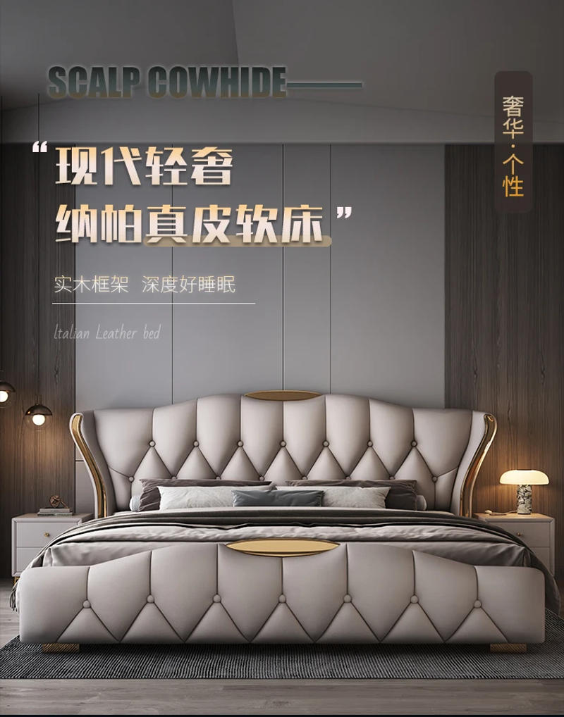Description Picture 2 of itemContact Leather Frame Double Bed King Size Wooden Luxury Twin Double Bed Princess Modern Cama Matrimonial Bedroom Furniture