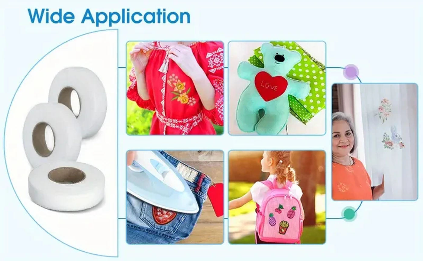 Description Picture 3 of item64M Roll Non-woven Double-side Interlining Adhesive Fabric Cloth Apparel Iron On Hem Tape Edge Shorten Pants DIY Sewing Tool