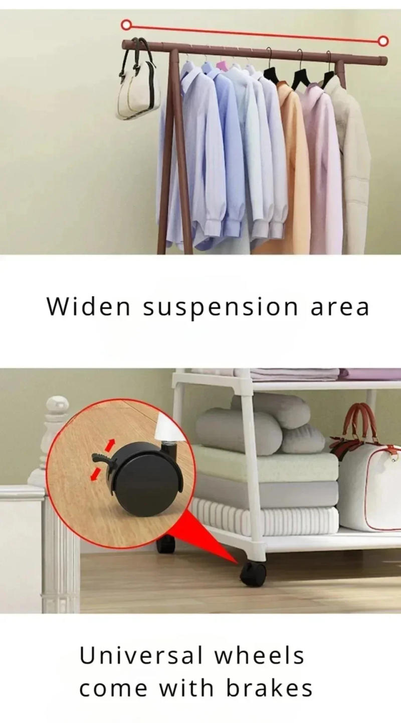 Description Picture 4 of itemSimple Coat Rack Triangle Pulley With Wheels Shelf Household Living Room Bedroom Furniture Hangers Floor-Standing Clothes Racks